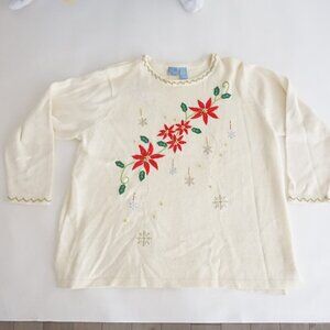 Vintage Holiday Edition Cream Gold Poinsettia Embroidered Christmas Sweater 3X